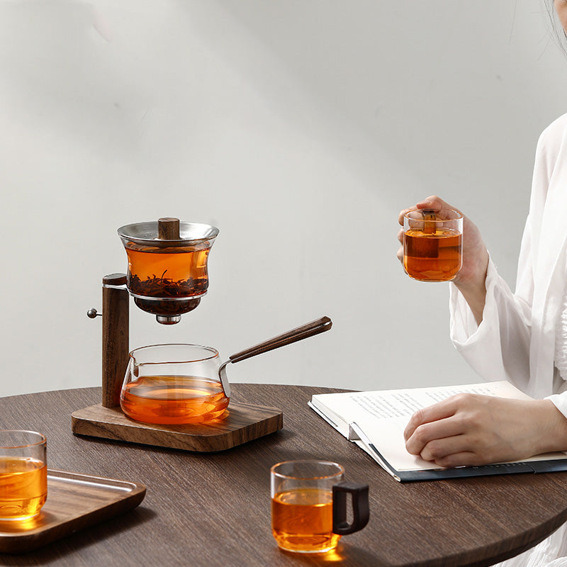 Semi-Automatic Glass Tea Set (Walnut Finish)